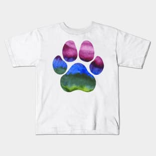 Purple Blue and Green Watercolor Paw Print Kids T-Shirt